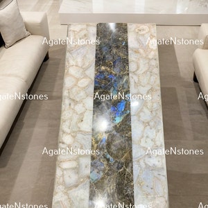 Handmade White Agate & Labradorite Marble Table Top – Luxury Coffee, Dining, and Countertop for Home, Office Interior Decor