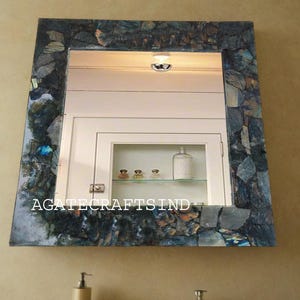 Espejo de pared de labradorita: espejo de tocador rectangular de cristal y piedra