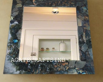 Espejo de pared de labradorita: espejo de tocador rectangular de cristal y piedra