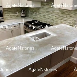 White Quartz Countertop | Kitchen & Bar Quartz Slab | Quartz Dining Table | Vanity Top | Luxury Gemstone Home Decor Interior Gifts for Mom