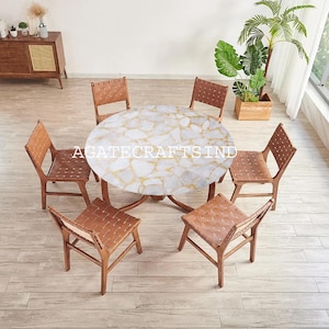White Round Agate Table Top – Handmade Coffee Table, Agate Center Table, Dining or Breakfast Table, for Luxury Home Decor Furniture