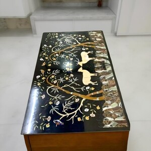 Pietra Dura Black Marble Dining Table – Handmade Semi-Precious Stone Inlay Tabletop with Deer and Tree Design For Home Decor