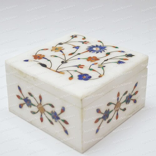 Vintage Jewelry Box Marble Inlay Visiting Card Box Wedding Gifts Inlaid shops Multi semi precious stones Jewellery Storage Box Handmade Decor Gift