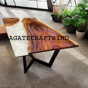 Handcrafted Wooden and White Epoxy Resin Dining Table – Modern Live Edge Design for Luxurious Home & Office Interiors