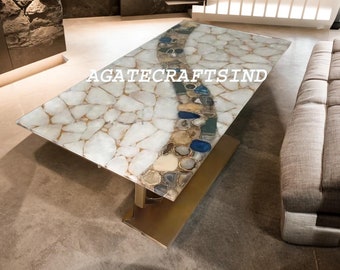 White Quartz Table, Quartz & Mix agate Table Stone Dine Table, Agate Coffee Table Agate Dining Table Agate Center Table Top Agate Countertop