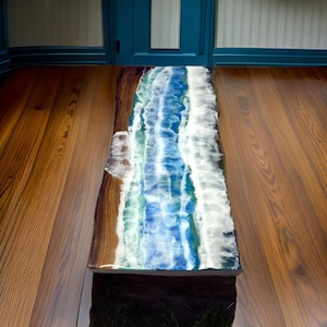 Ocean Wave Epoxy Resin Dining Table – Handmade Live Edge Wood Coffee Table – Luxury Coastal Furniture for Home & Office