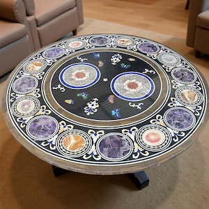 Black Marble Inlay Round Table – Luxury Semi-Precious Gemstone Coffee Table, Handmade Pietra Dura Art Tabletop for Living Room Decor