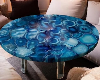 Handmade Blue Agate Coffee Table: Natural Stone Accent Table