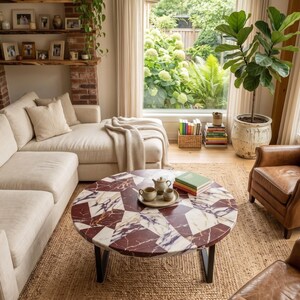 Calacatta Viola & Rosso Levanto Marble Coffee Table | Luxury Round Natural Stone Table | Handmade Marble Center Table