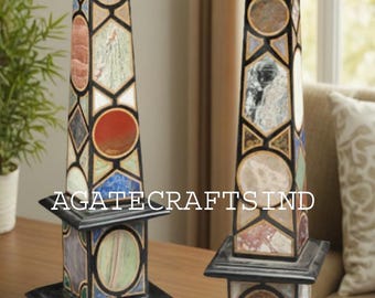 Handmade Multi Stone Obelisks: Pietra Dura Egyptian Decor (Set of Two)