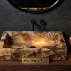 Honey Onyx Rectangular Vessel Sink | Handmade Natural Stone Bathroom Sink | Luxury Honey Onyx Wash Basin | Modern Vanity Sink