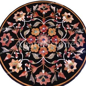 Black Marble Inlay Tabletop – Round Floral Pietra Dura Dining Table – Handmade Semi-Precious Stone Art by AgateNstones