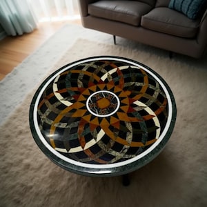 Pietra Dura Inlay Round Black Marble Table Top – Handmade Semi-Precious Stone Coffee Table with Geometric Floral Design