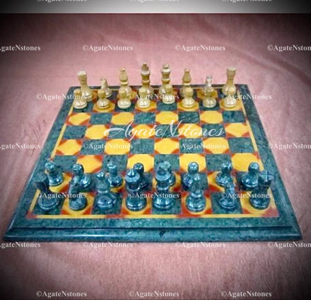 Green Marble Chess Board With Handmade Chess Pieces Set Etsy
