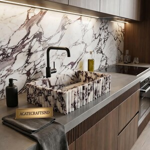 Calacatta Viola Marble Fluted Vessel Sink – Rectangular Bathroom Basin, Luxury Stone Vanity