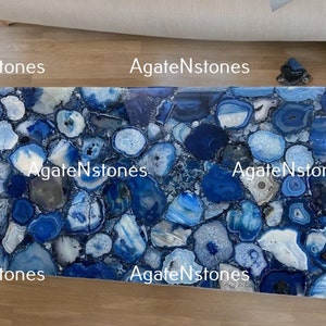 Luxury Blue Agate Rectangular Dining Table Top – Handmade Gemstone Inlay Table for Kitchen, Office or Living Room Decor