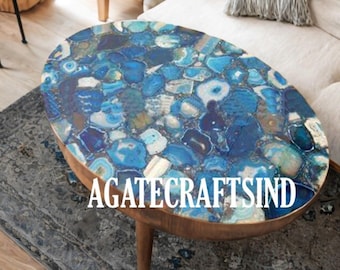 Mesa de centro ovalada de ágata azul hecha a mano: elegante decoración de piedra