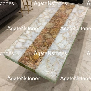 White Agate and Golden Petrified Stone Dining Table – Luxury Gemstone Tabletop | Handmade Semi-Precious Stone Furniture for Home or Office