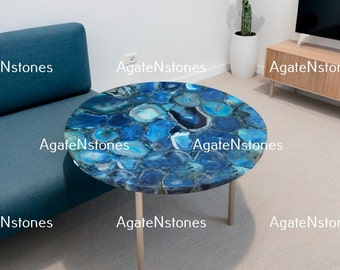 Blue Agate Side Table Top, Natural Agate Side Table Round Agate Table Natural Agate End Table Agate Cafeteria Decor Table Handmade Furniture