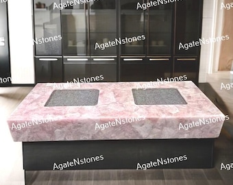 Luxurious Rose Quartz Kitchen Countertop | Handmade Semi-Precious Stone Cooking Island for Elegant Interior Design