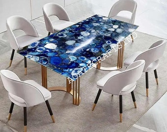 Blue Agate Dining Table Top: Luxurious Semi-Precious Stone, Handmade