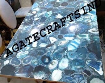 Handmade Blue Agate Stone Dining Table – Luxury Semi-Precious Gemstone Furniture for Home Decor