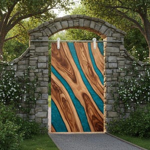 Teak & Blue Epoxy Sliding Barn Door | Handmade Resin Wood Panel