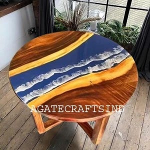 Round Resin River Coffee Table – Ocean Wave Epoxy Art Table with Natural Wood, Handmade Coastal Style Center Table for Living Room