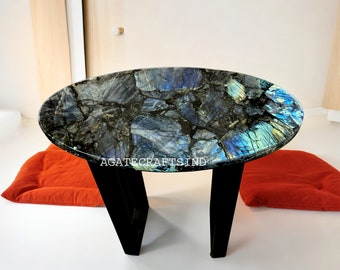 Handmade Labradorite Dining Table Top: Gemstone Inlay Center Table
