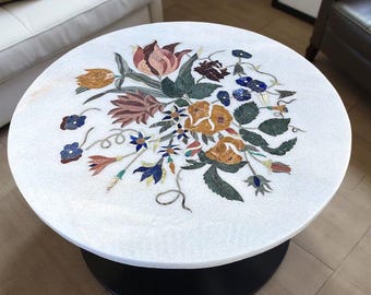 Floral Inlay White Marble Coffee Table – Handmade Pietra Dura Gemstone Art