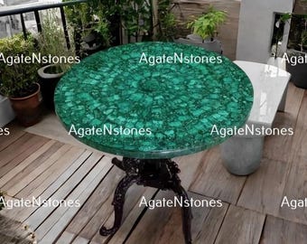 Malachite Inlay Table Top: Semiprecious Stone Art, Handmade Home Decor