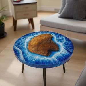 Round Ocean Epoxy Coffee Table – Handmade Resin River Art Wood Center Table – Coastal Decor