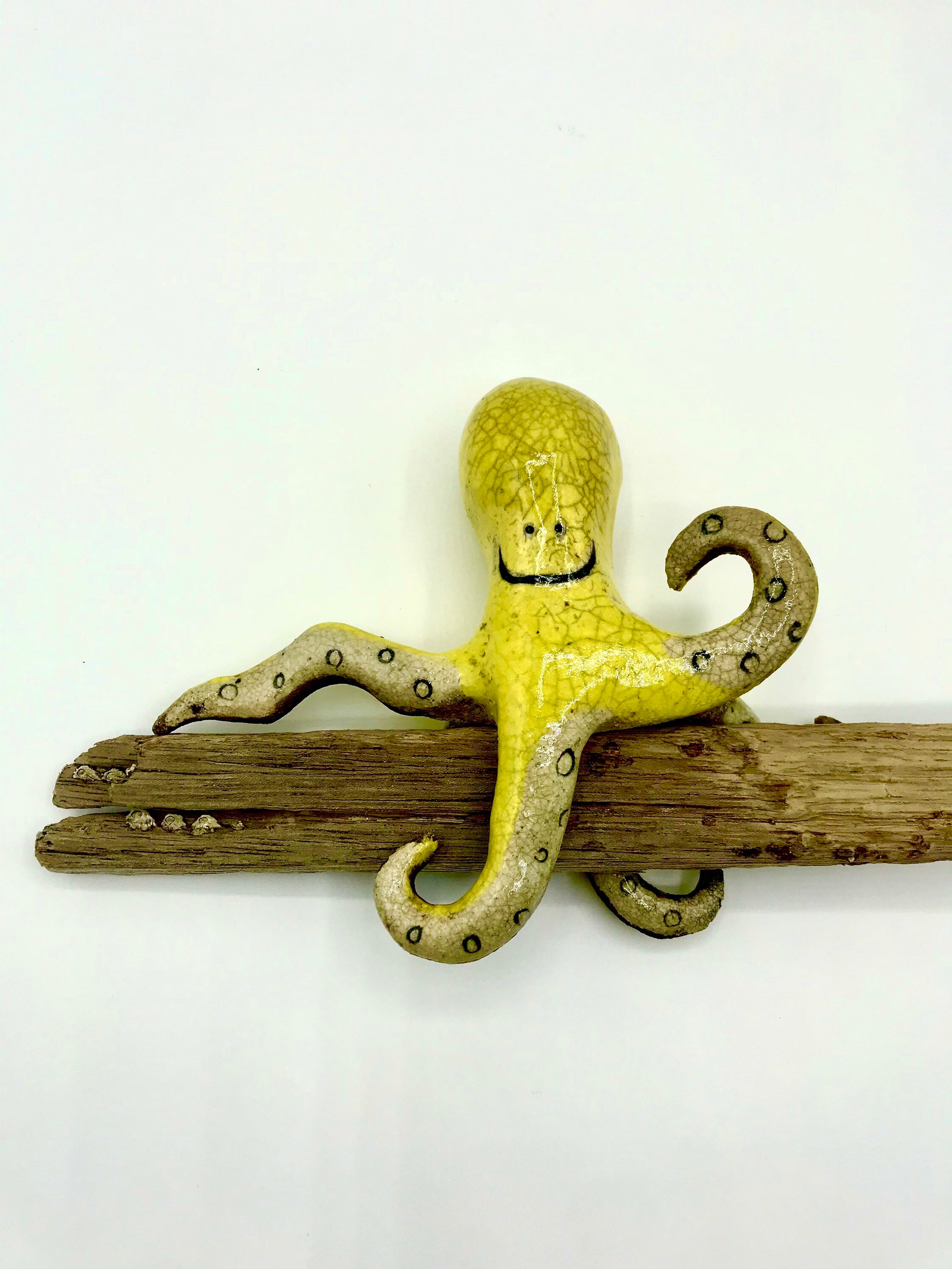 Yellow octopus ceramic raku driftwood | Etsy