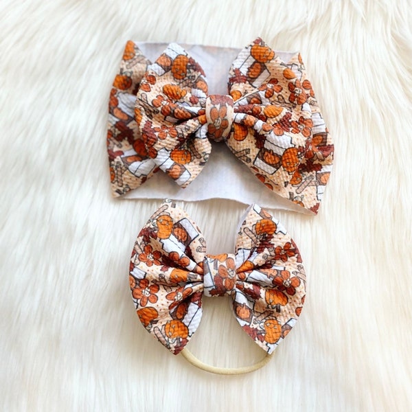 Pumpkin Spice Latte Baby Bow, Bow on Nylon, Bow Headwrap, Bow on Clip, Pigtail Bows, Bow Headband, Fall Bow, Thanksgiving Baby Bow, Baby Bow