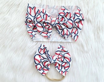 Baseball Hearts Baby Bow: Nylon, Headwrap, Clip or Pigtail Set Hair Bow
