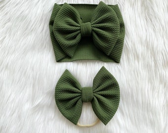 Olive Green Baby Bow: Nylon, Headwrap, Clip or Pigtail Set Hair Bow