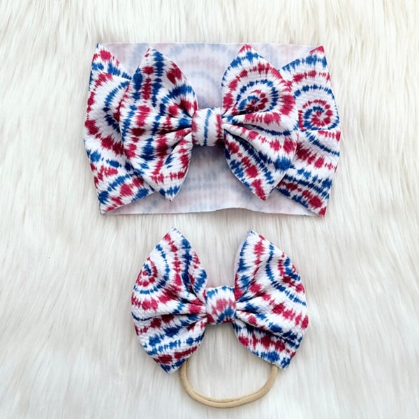 Tie-dye 4th of July Baby Bow, Bow on Nylon, Bow Headwrap, Bow on Clip, Pigtail Bows, Bow Headband, Flapless Bow, Independence Day Bow