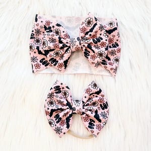 Pink Boho Halloween Baby Bow, Bow on Nylon, Bow Headwrap, Bow on Clip, Pigtail Bows, Bow Headband, Fall Bow, Halloween Bow, Baby Bow