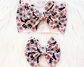 Pink Boho Halloween Baby Bow: Nylon, Headwrap, Clip or Pigtail Set Hair Bow