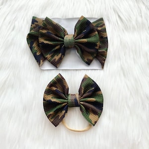 Camo Baby Bow, Bow on Nylon, Bow Headwrap, Bow on Clip, Pigtail Bows, Bow Headband, Flapless Bow, Baby Bow, Hair Bow,  Camouflage Hair Bow