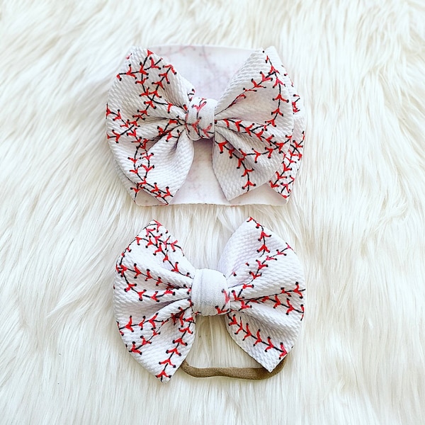 Baseball Stitching Baby Bow, Bow on Nylon, Bow Headwrap, Bow on Clip, Pigtail Bows, Bow Headband, Baby Girl Bow, Toddler Bow, Baseball Bow