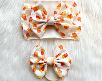 Halloween White Candy Corn Baby Bow: Nylon, Headwrap, Clip or Pigtail Set Hair Bow