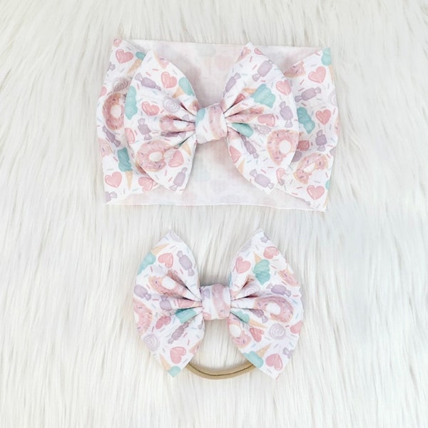 Sweet One Baby Bow, Bow on Nylon, Bow Headwrap, Bow on Clip, Pigtail Bows, Bow Headband, Donut Bow, Candy Bow, Ice Cream Bow, Sprinkle Bow