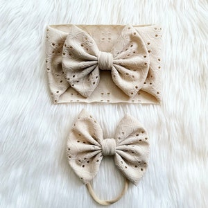 Taupe Eyelet Baby Bow, Bow on Nylon, Bow Headwrap, Bow on Clip, Pigtail Bows, Bow Headband, Toddler Bow, Newborn Bow, Taupe Hair Bow