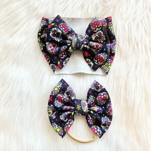 Sugar Skull Baby Bow, Bow on Nylon, Bow Headwrap, Bow on Clip, Pigtail Bows, Bow Headband, Flapless Bow, Halloween Baby Bow, Baby Bow