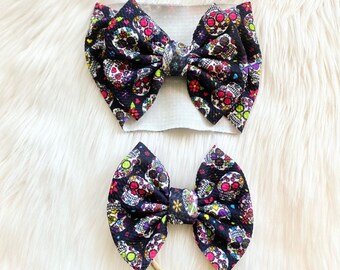 Sugar Skull Baby Bow: Halloween Nylon, Headwrap, Clip or Pigtail Set Hair Bow
