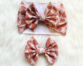 Halloween Candy Corn Brown Baby Bow: Nylon, Headwrap, Clip or Pigtail Set Hair Bow
