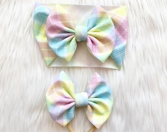 Muted Pastel Plaid Baby Bow, Bow on Nylon, Bow Headwrap, Bow on Clip, Pigtail Bows, Bow Headband, Spring Bow, Easter Bow, Easter Headwrap