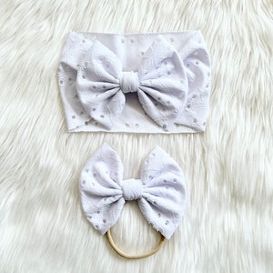 White Eyelet Baby Bow, Bow on Nylon, Bow Headwrap, Bow on Clip, Pigtail Bow, Toddler Bow, Newborn Bow, White Hair Bow, 4th of July Bow