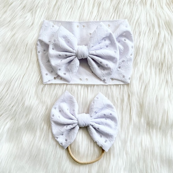 White Eyelet Baby Bow, Bow on Nylon, Bow Headwrap, Bow on Clip, Pigtail Bows, Bow Headband, Toddler Bow, Newborn Bow, White Hair Bow